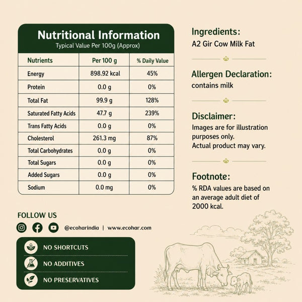 Ecohar A2 Gir Cow Bilona Ghee packaging information